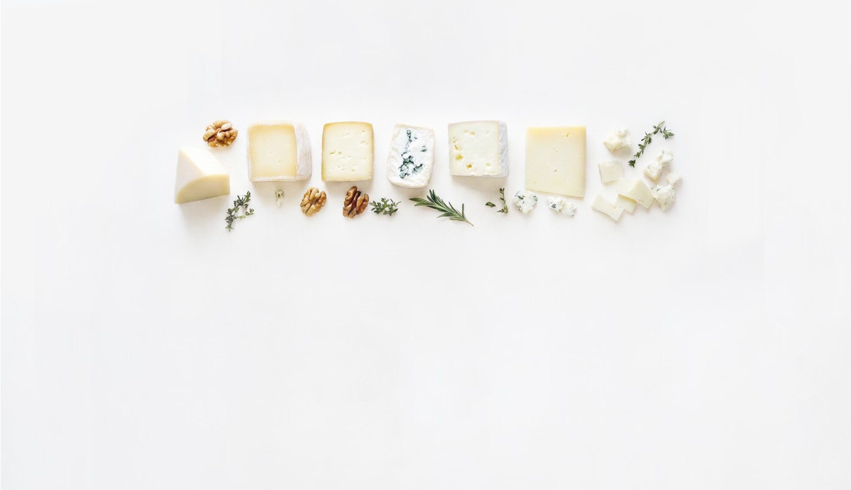 A row of dairy-free cheeses with herbs and walnuts